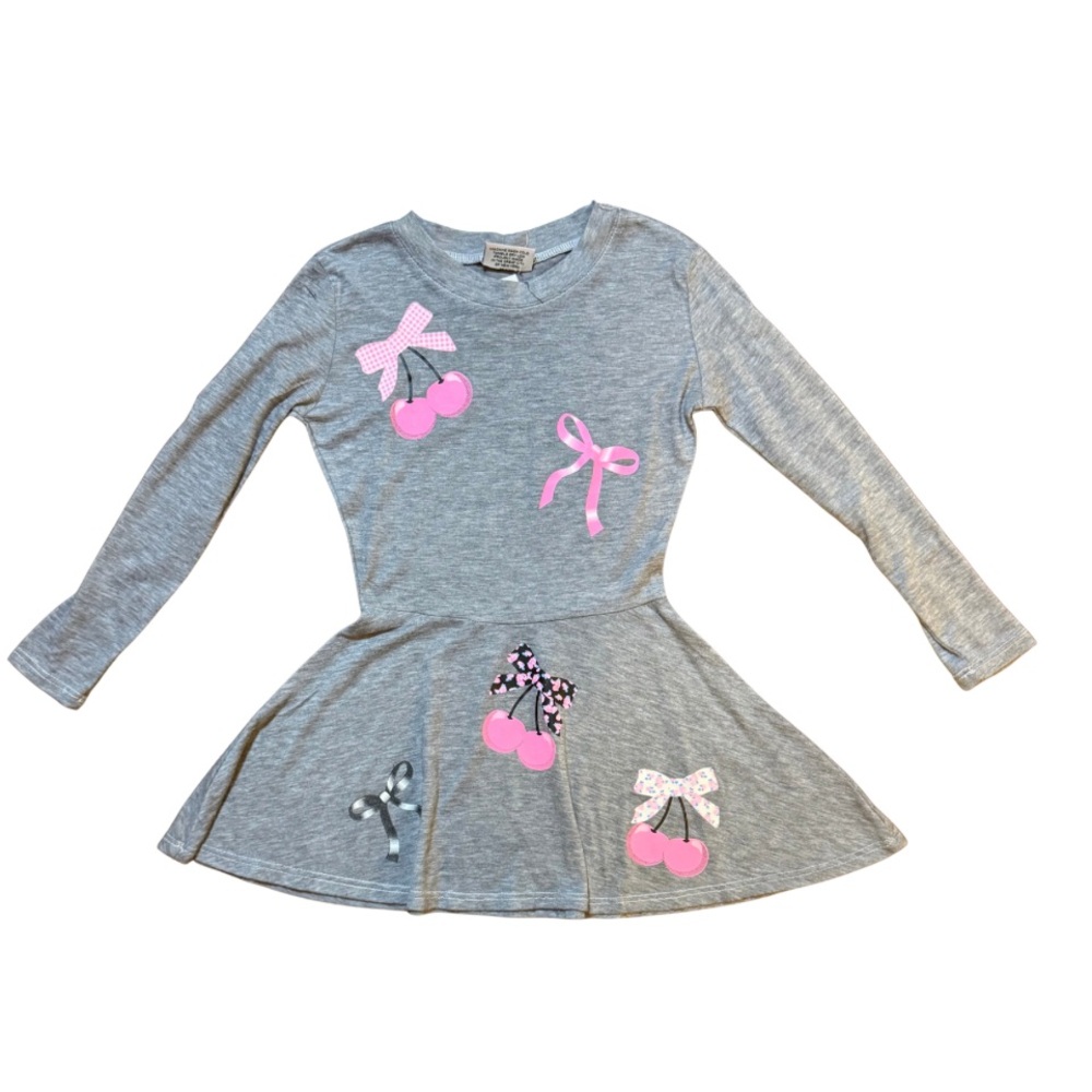 Firehouse Grey Cherry Bows Long Sleeve Dress girls size 4 NWT - Picture 1 of 1